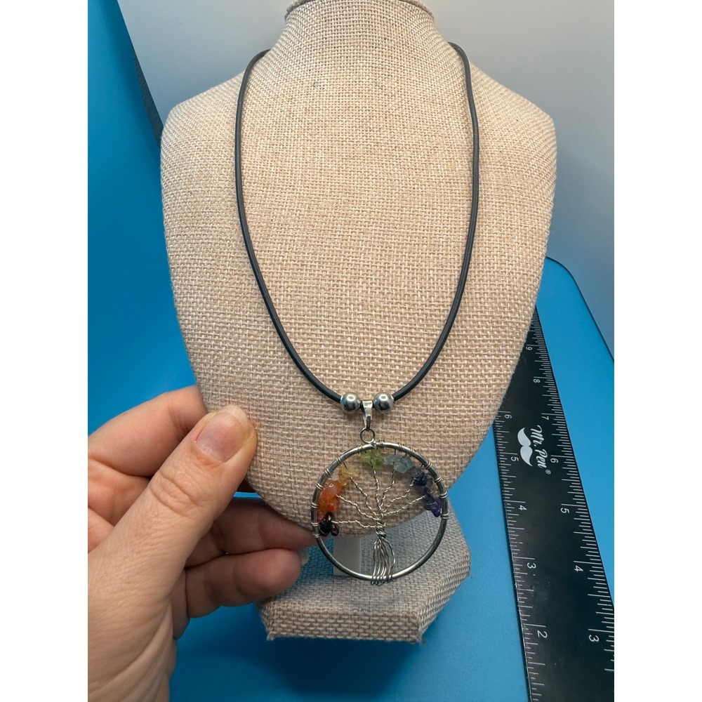 Chakra Tree of Life Pendant Necklace Silver Tone Wrapped Gemstone Black Cord